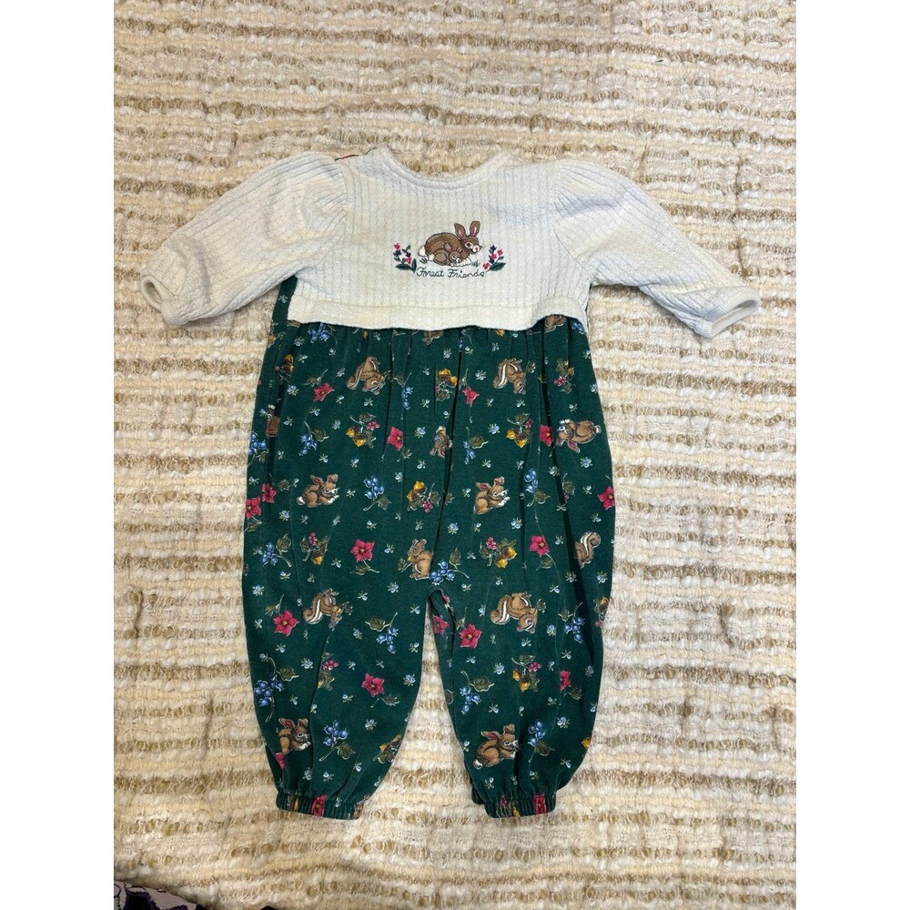 Forest Friends Green Bunny Rabbit Romper VTG Healthtex 6/9 mths floral bubble